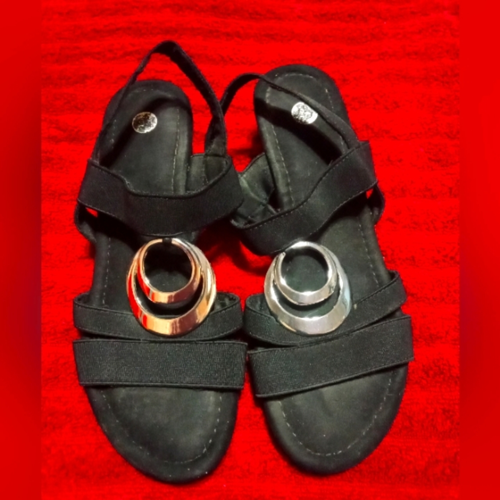 impo gold wedge black sandal size 8